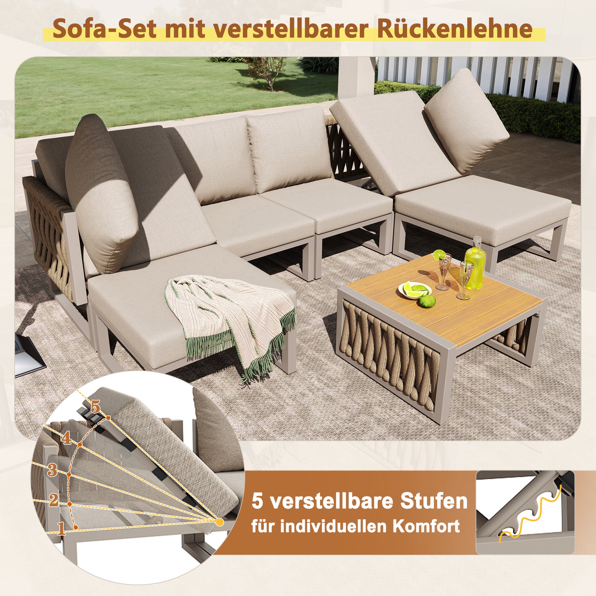 Conjunto de muebles de jardín exterior, silla de jardín para 6 plazas, cama doble de exterior, respaldo regulable, tumbona de piscina - Beige - 8