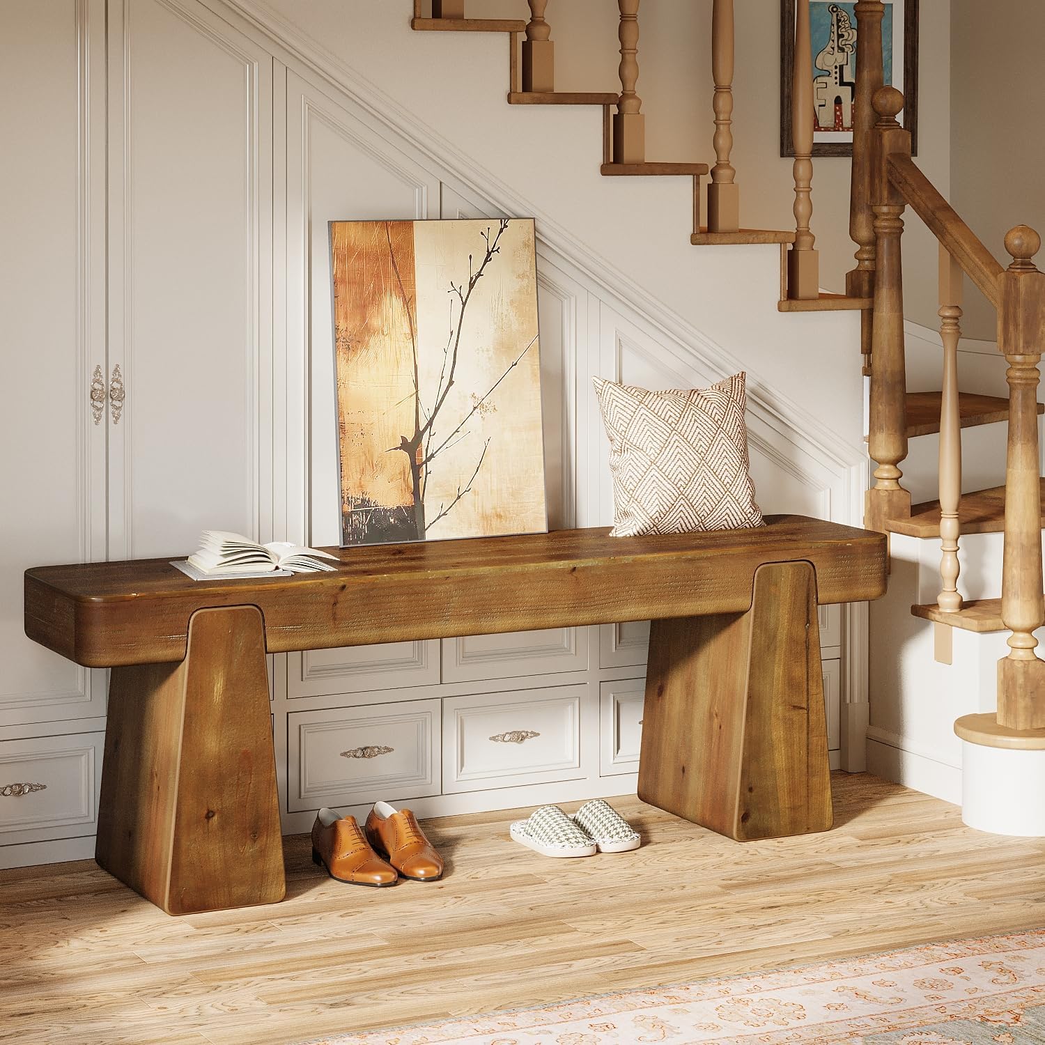 Tribesigns Banc bois massif 120 cm, pieds épais, étroit pour entrée, couloir, salon, pied de lit, brun foncé - 9