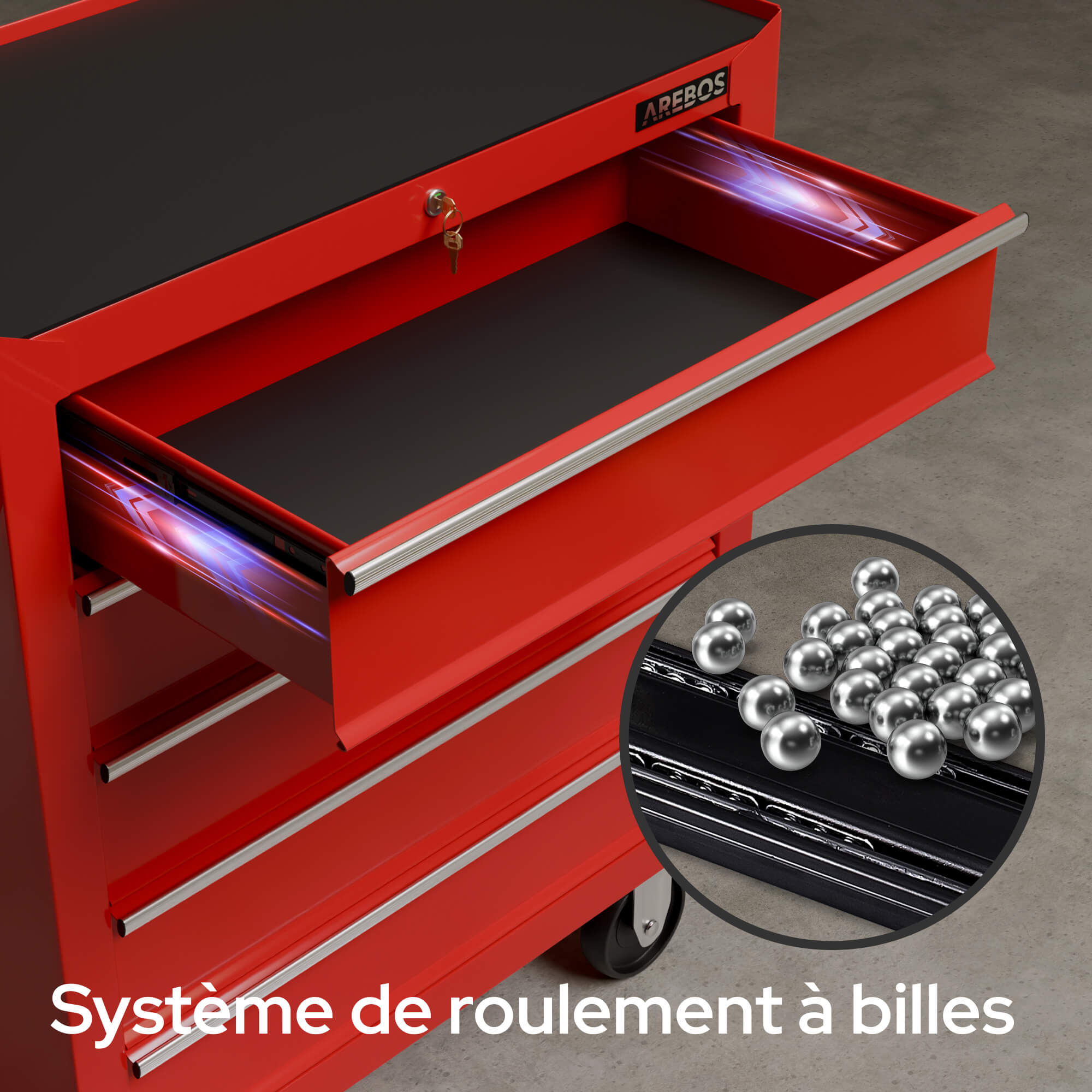 AREBOS Chariot à outils AREBOS avec 5 tiroirs, système de verrouillage central, roues pivotantes freinables, plan de travail résistant aux rayures - 3