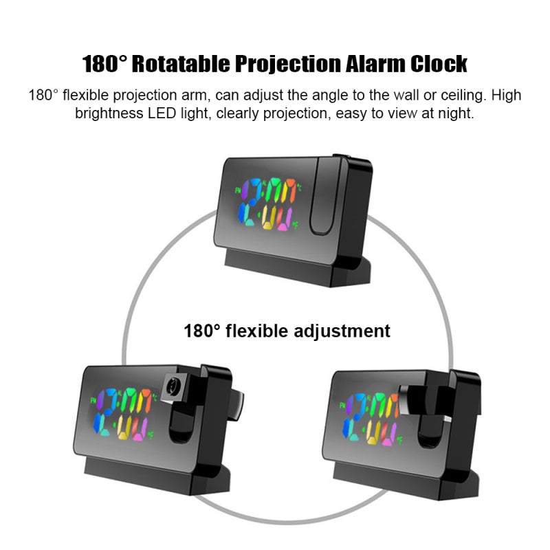 Réveil,Réveil à projection d'écran couleur rechargeable, rotation à 180°, noir - 5