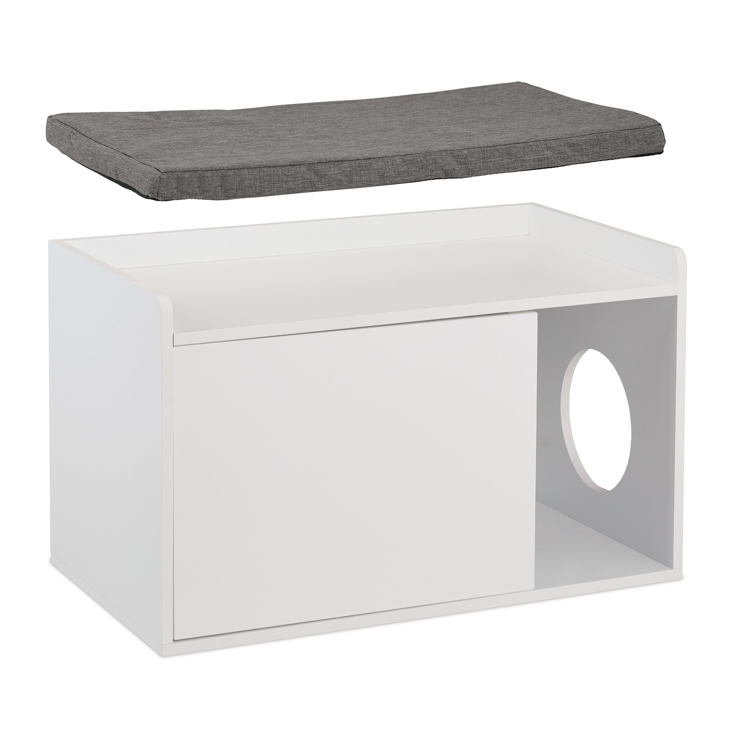 Armoire pour chat avec assise, 2 en 1 meuble litière et banc, HLP : 45,5 x 75 x 43 cm, blanc/gris, Relaxdays - 5