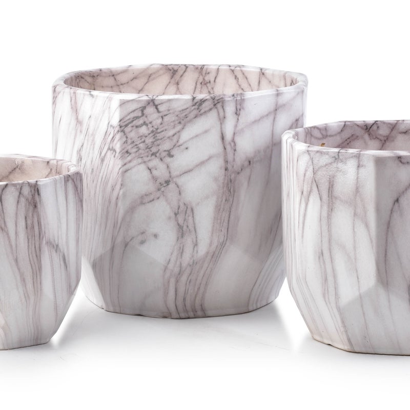 Doniczki ceramiczne MONDEX NEVA MARBLE 25x25x23/20x20x19/15x15x16 cm biały komplet 3 szt.