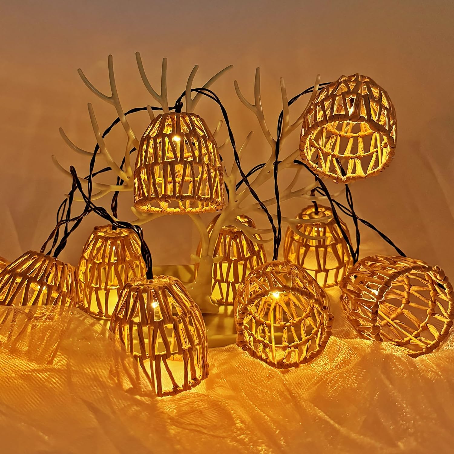 Luci solari a catena, luci solari da fata, 10 sfere solari a LED in rattan, luci da esterno a catena. - 6