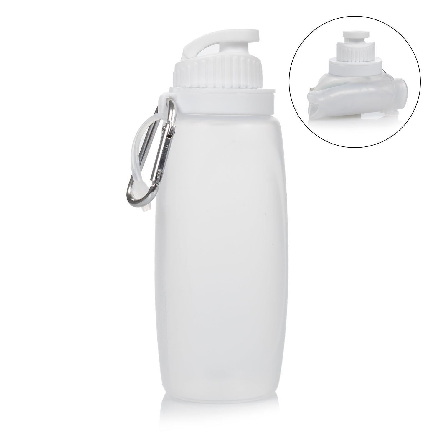 Mini botella plegable enrollable de 320ml, de silicona de grado alimenticio. con mosquetón. 6x6x18 cm. color: transparente dam