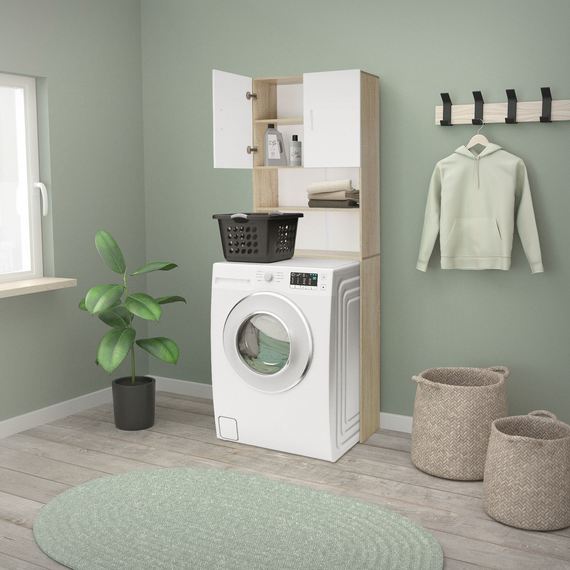 Mueble lavadora armario alto cuarto de baño sonoma estantería aseo 190 x 62,5cm