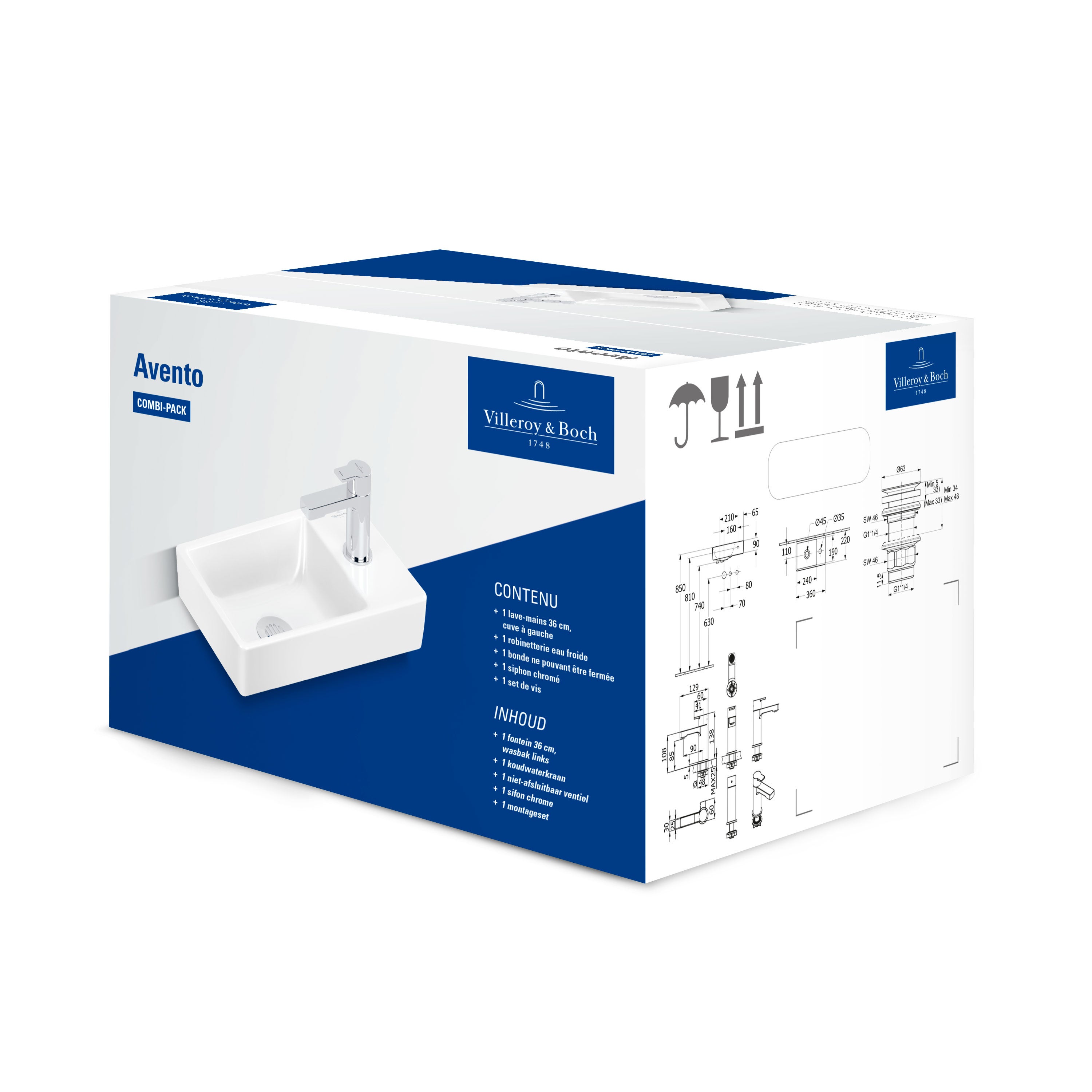Villeroy & Boch Avento, pack lave-mains avec robinetterie, bonde clic-clac, siphon chromé et kit de fixation - 4