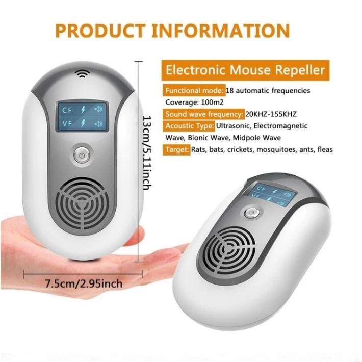 Répulsif électronique ultrasonique pour souris et nuisibles avec 18 fréquences automatiques, affichage LED, sans toxines, pour maison, bureau - 2