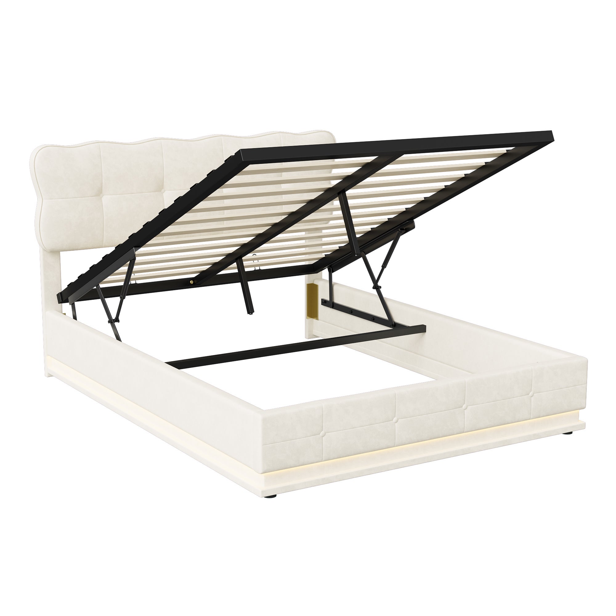 Lit coffre adulte 140x190 avec sommier, velours, LED Éclairage, structure métal, grand espace rangement, lit double, style scandinave - Beige - 9