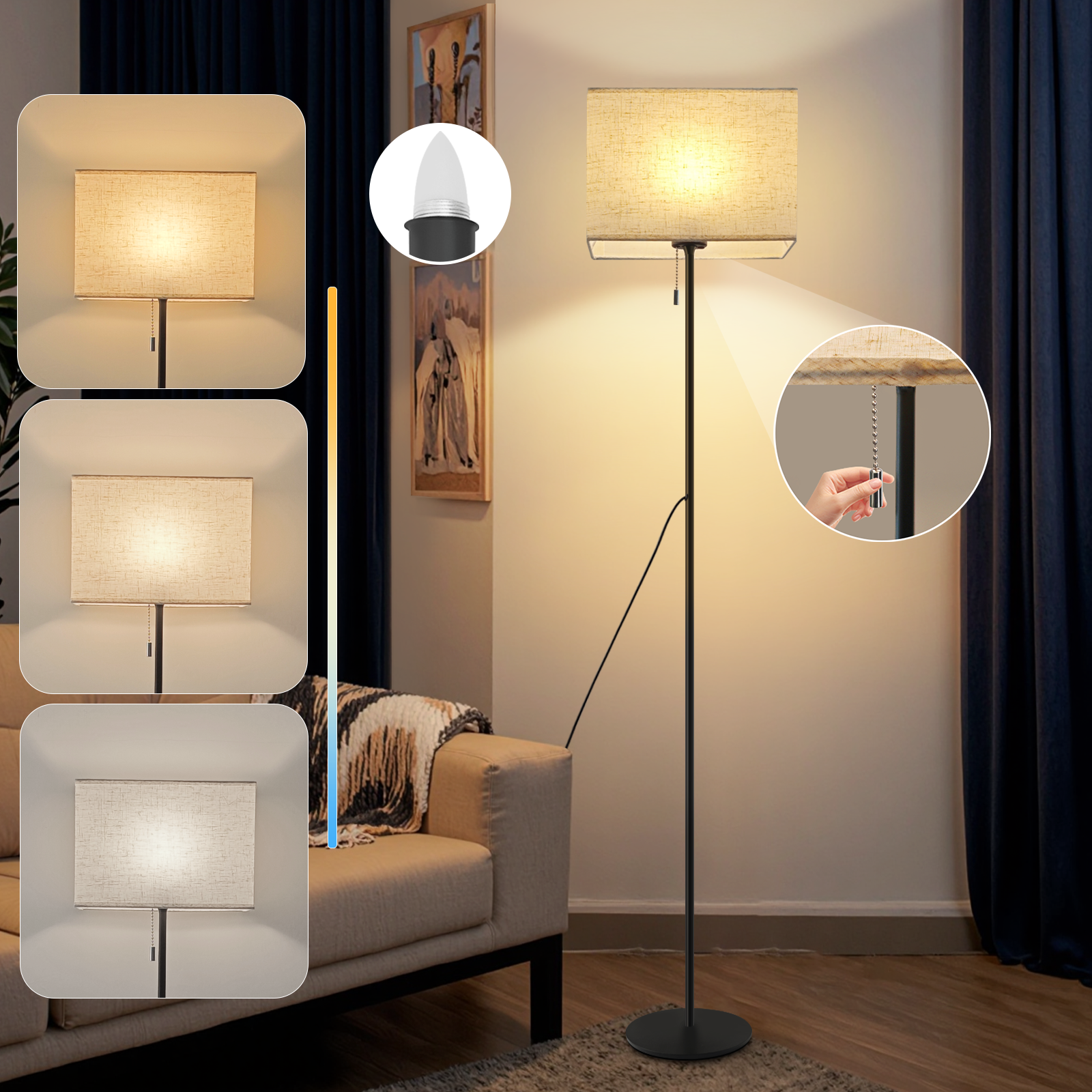 NETTLIFE Lampadaire LED à Intensité Variable Rétro Abat-jour En Tissu Pour Salon, Avec Interrupteur à Tirette - 2