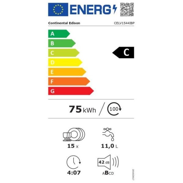 Lave-vaisselle pose-libre - CONTINENTAL EDISON - CELV1544IBP - 15 couverts - Inverter - 60 cm - 42 dB - Noir mat - 3