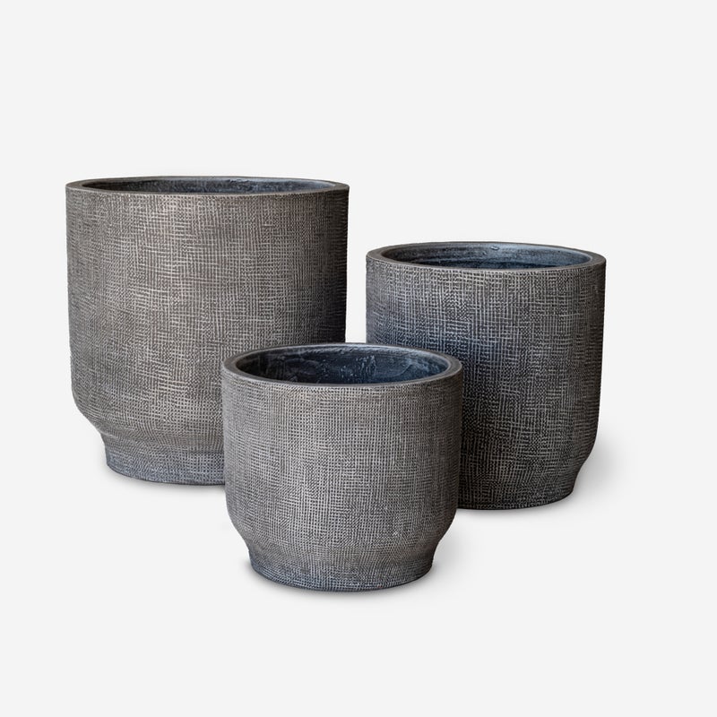 ZESTAW 3 OKRĄGŁYCH SZARYCH DONICZKÓW CERAMICZNYCH