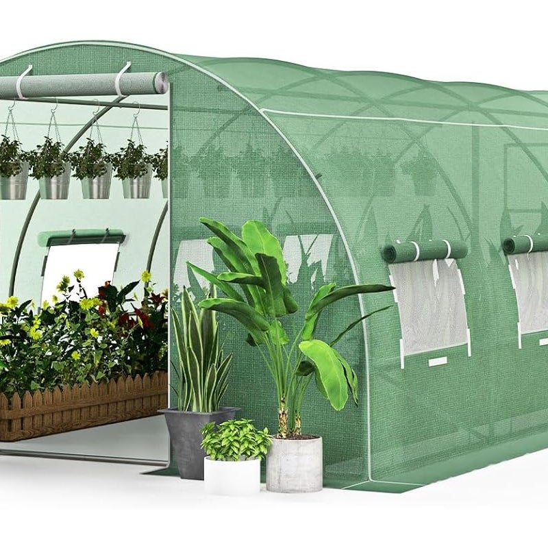Szklarnia Ogrodowa 6 x 3 x 2 m z Metalową Ramą, Szklarnie Zewnętrzne z Oknami i Drzwiami, Szklarnia z Folii Plastikowej