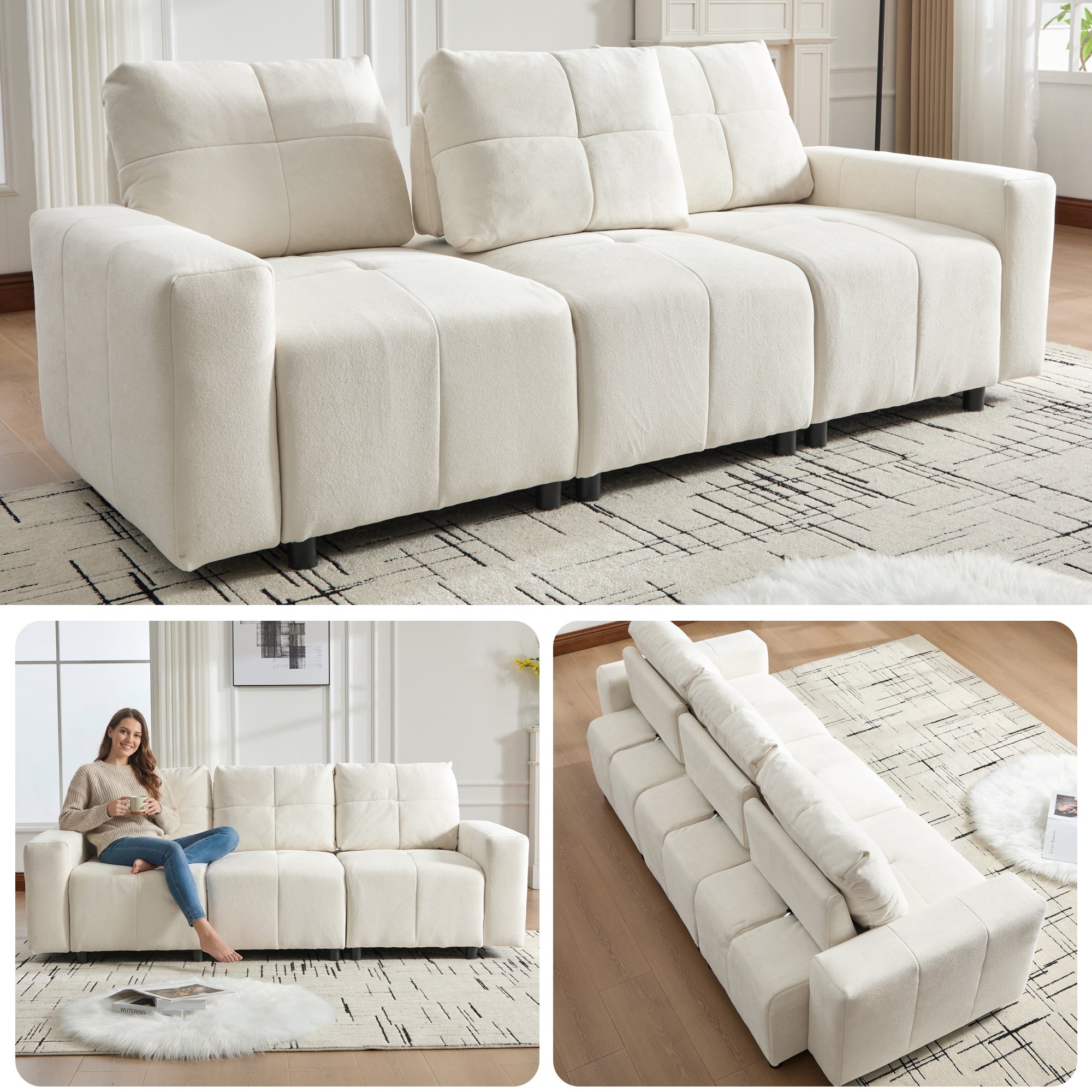 Trzyosobowa sofa w tkaninie szenilowej z solidną drewnianą ramą i plastikowymi nogami - 213 x 94 x 84 cm - Regulowane oparcie - Beżowo-biała