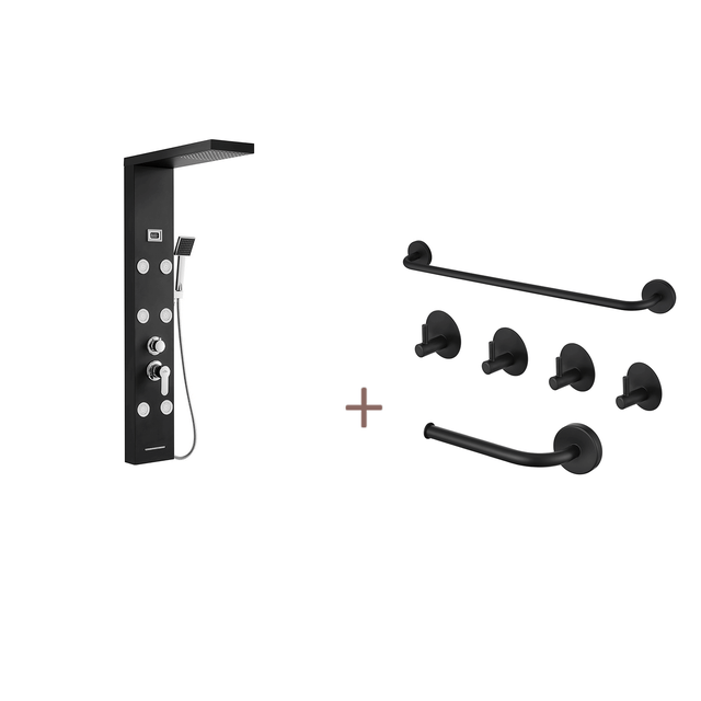 Panneau Douche Hydromassante Noir,inoxydable,avec 6 Buses Massants,Écran LCD+Ensemble Salle Bain Accessoire 6 Pièces,Auto-adhésif/percer,nox,Noir