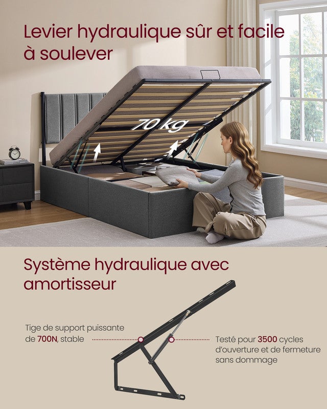 Cadre de Lit, 140 x 190 cm, Sommier Relevable, avec Rangement, Tête de Lit, Système Hydraulique, Moderne et Minimaliste, Montage Facile, Gris Foncé - 6