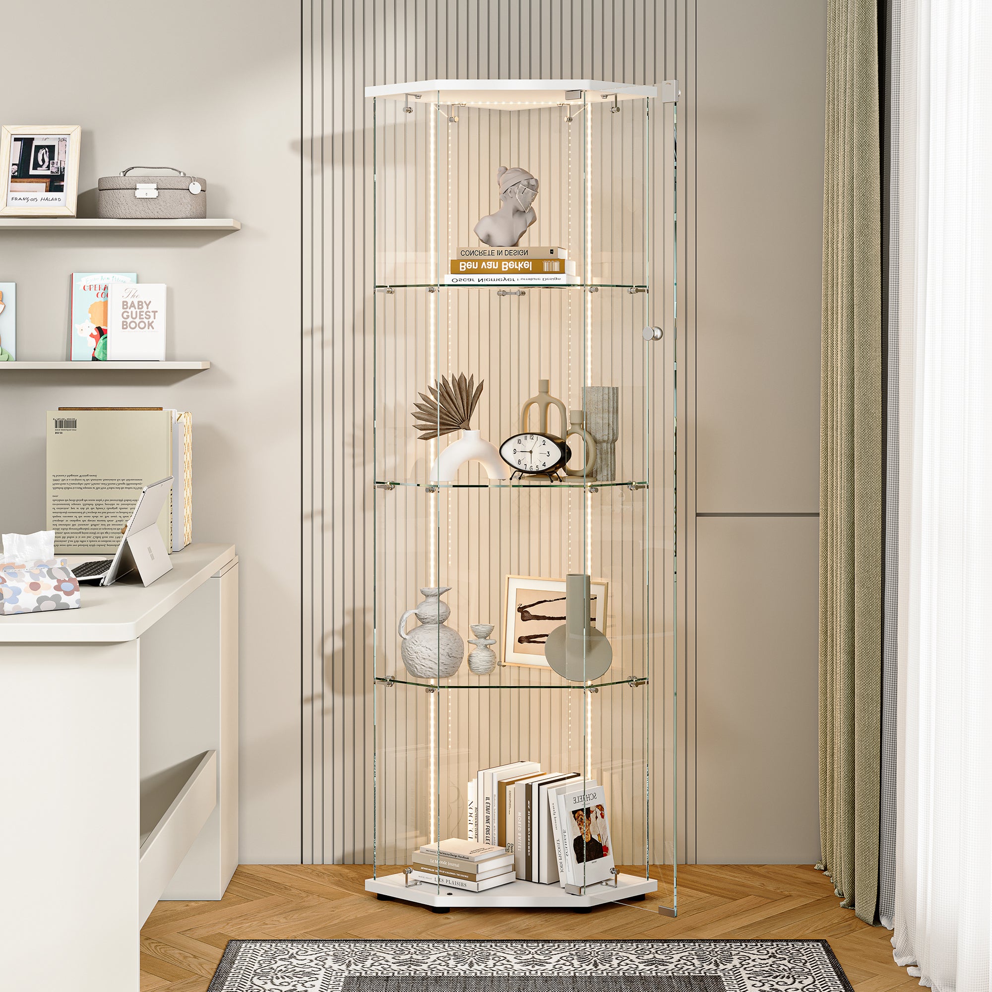 Vitrine pour collection, Vitrine en Verre, Transparent LED Vitrine en verre 4 Couches avec 1 Porte, pour salon et chambre à coucher,cinq angles - 2
