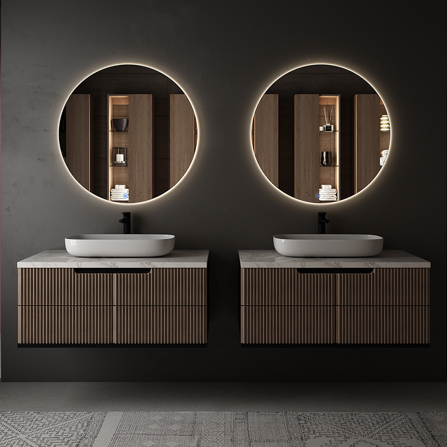 Meuble de salle de bain simple vasque - 2 tiroirs - BALEA et miroir rond Led SOLEN - bambou (chêne clair) - 60cm - 9