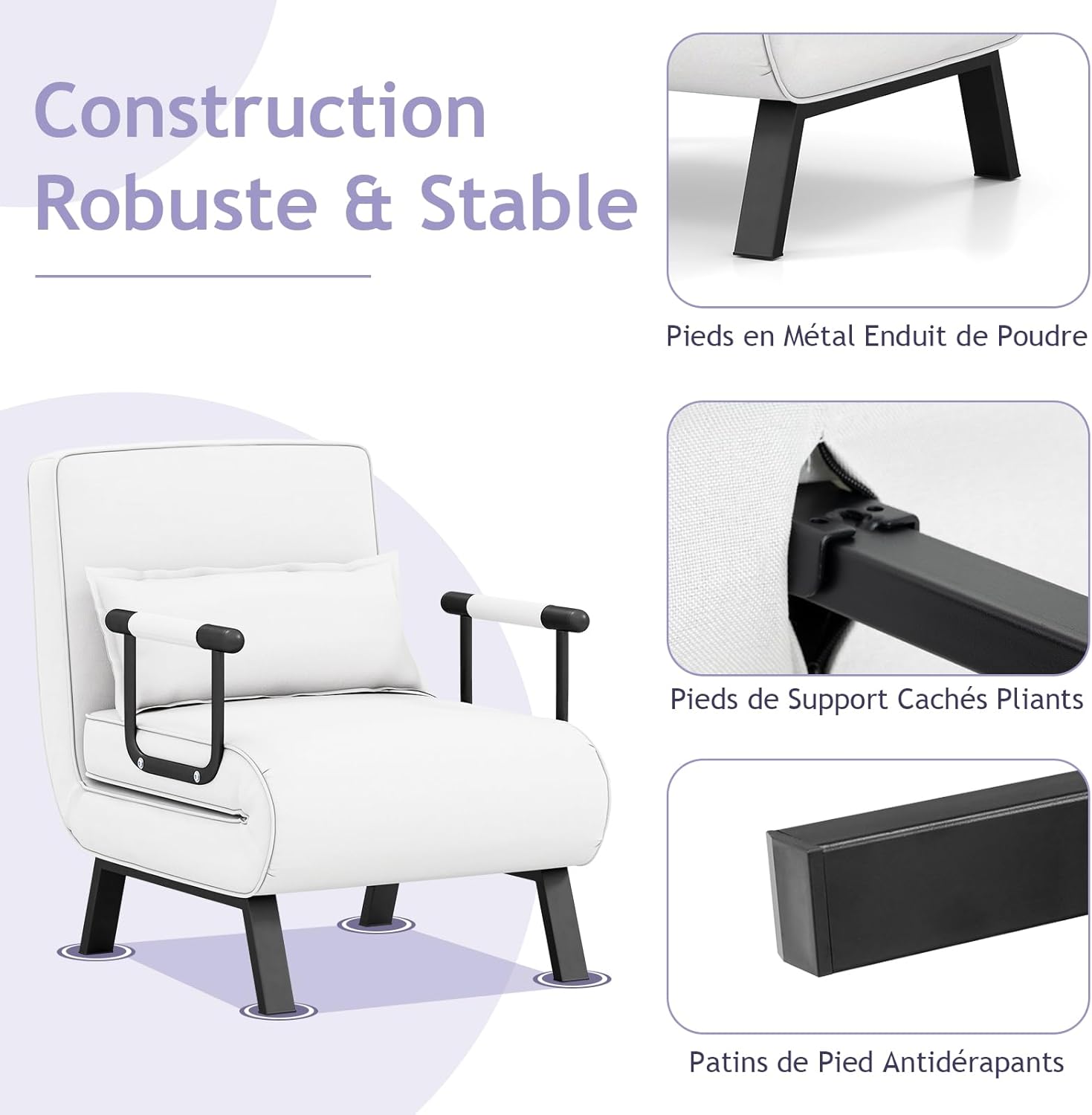 Canapé-lit Convertible, Fauteuil Convertible Lit, avec Dossier Réglable en 6 Positions, Oreiller Amovible, Canapé-lit Pliable 1 Place (Blanc) - 6