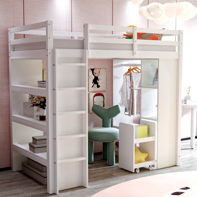 Lit Haut 90x200 cm-Ripiani a più livelli, Carrello staccabile, Appendiabiti, Compartimenti-Legno di pino massivo-Ampio spazio di archiviazione