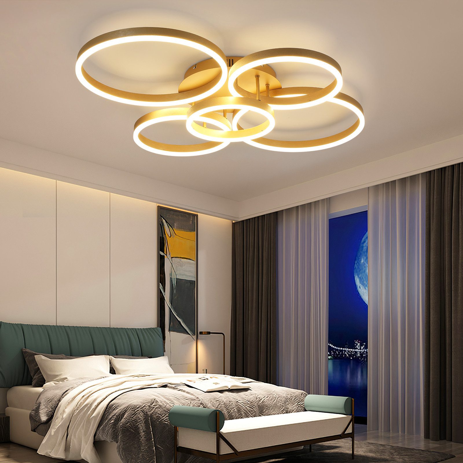 NETTLIFE Lámpara de techo LED para sala de estar, regulable, 78 W, 3000-6500 K, 5 anillos de acrílico moderno dorado con control remoto - 7