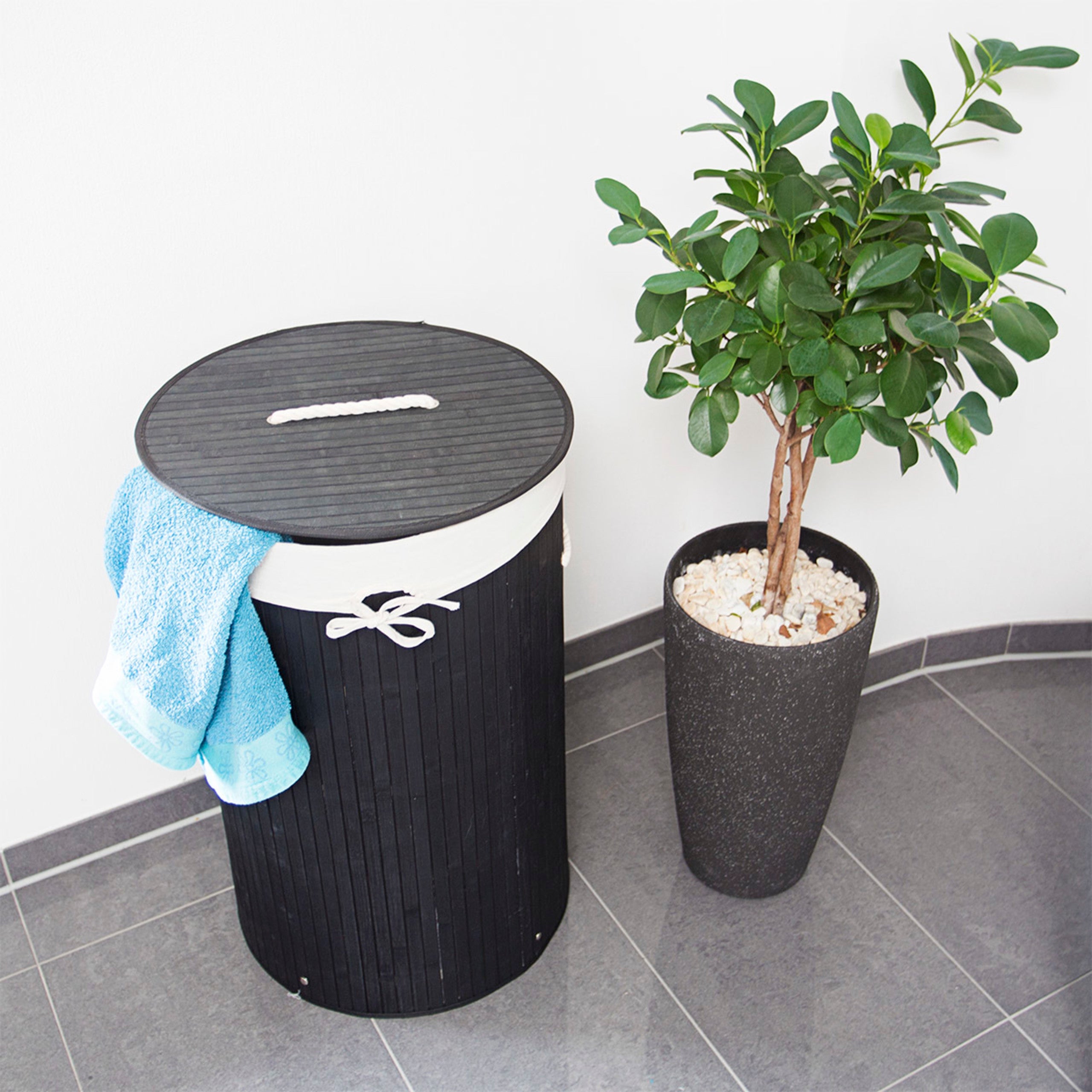 3x Panier à linge bambou, corbeille linge pliante, 70 L, sac intérieur coton, 65 x 49,5 x 37 cm, noir - 2