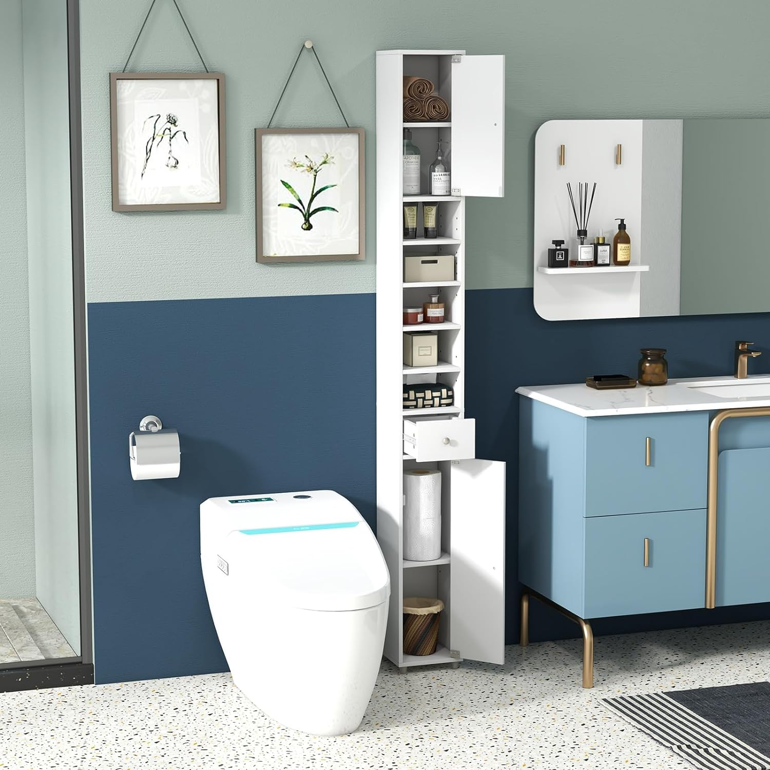 Meuble Salle de Bain Rangement en Bois 1 Armoire à 2 Etagères Réglables
