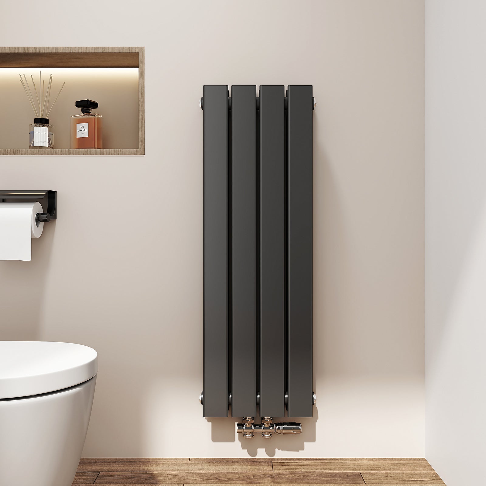 EMKE Grzejnik Stalowy Podwójny Pionowy 446W, 90x30,4 cm, 4 bar, do 6 m² – Czarny mat