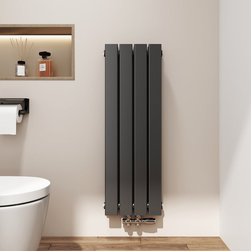 EMKE Grzejnik Stalowy Podwójny Pionowy 446W, 90x30,4 cm, 4 bar, do 6 m² – Czarny mat