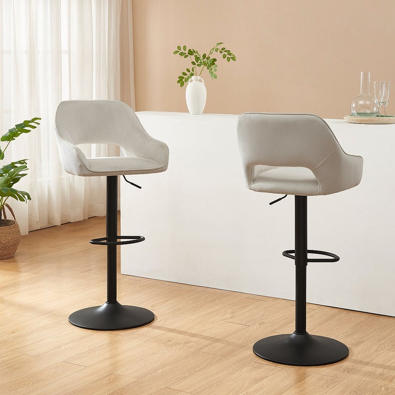 Zestaw 2 stołków barowych ze sztruksu i czarnego metalu - Regulowana wysokość - Kremowy - ZINEA