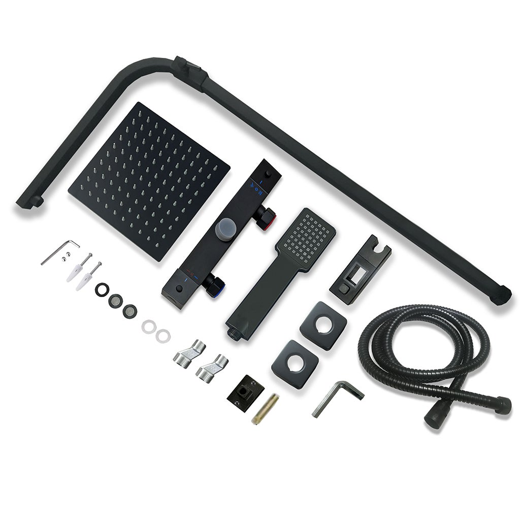 AICAIT Rubinetteria doccia con miscelatore termostatico, colonna doccia termostatica con soffione 20cm a pioggia, asta regolabile73-115cm, nero opaco - 4