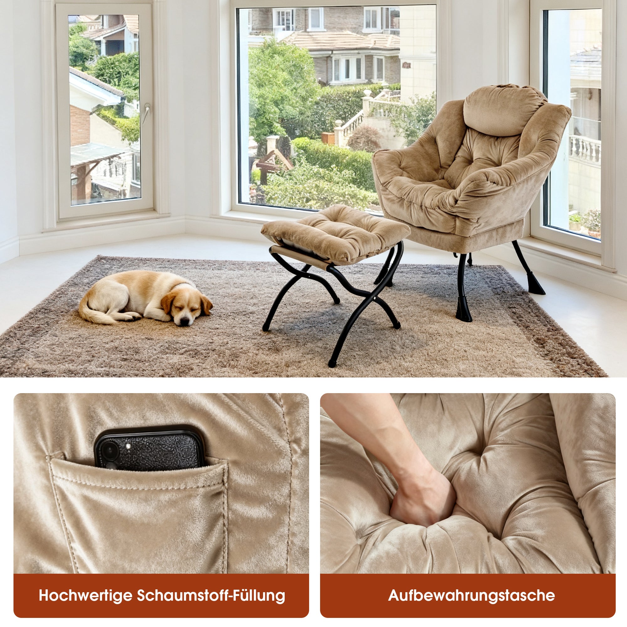 Fauteuil relax avec repose-pieds, chaise inclinable avec poche latérale, fauteuil de salon/chambre/bureau, en polyester kaki - 5