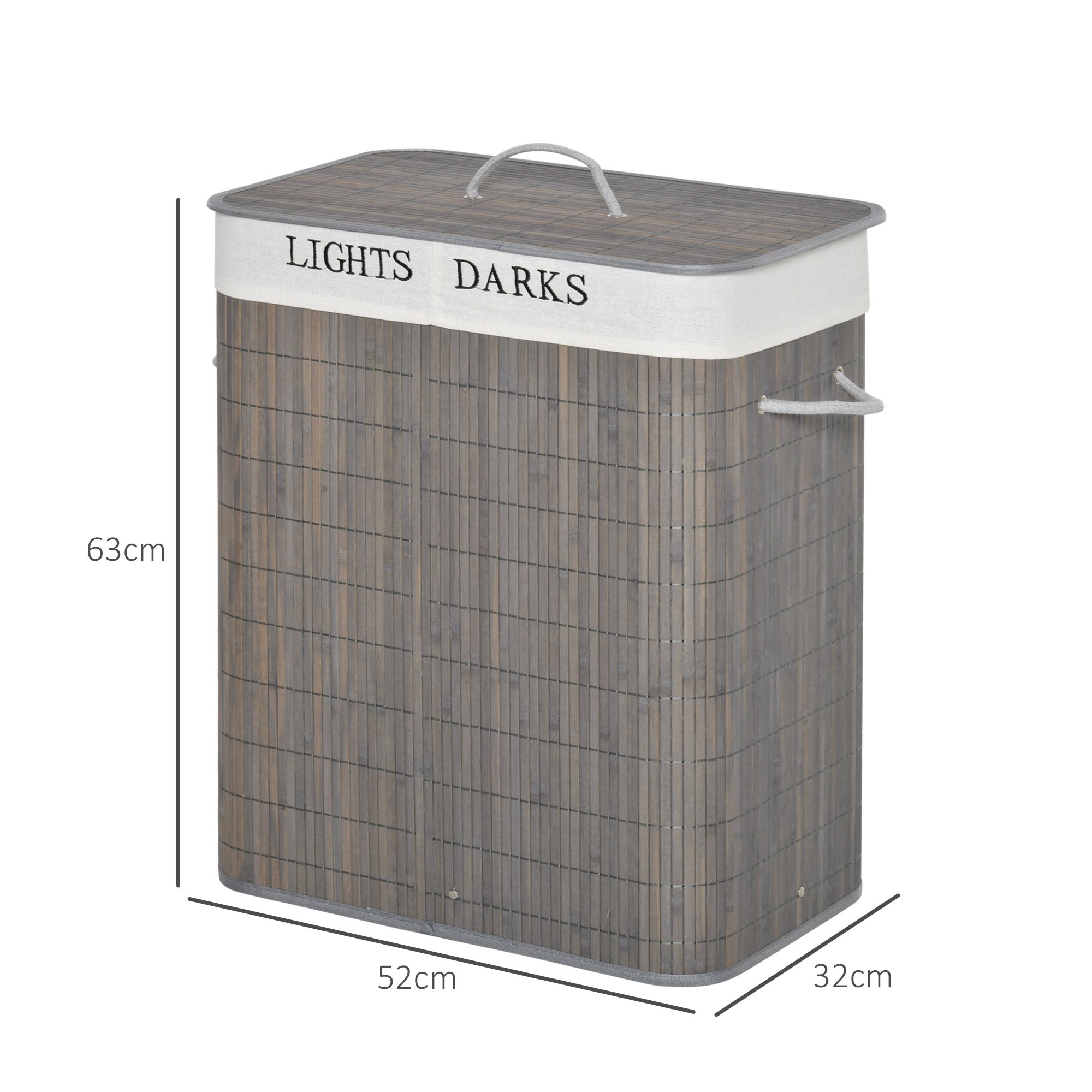 Panier linge bambou capacité 100 L, couvercle amovible, sac 2 compartiments, 52x32x63 cm, gris - 5