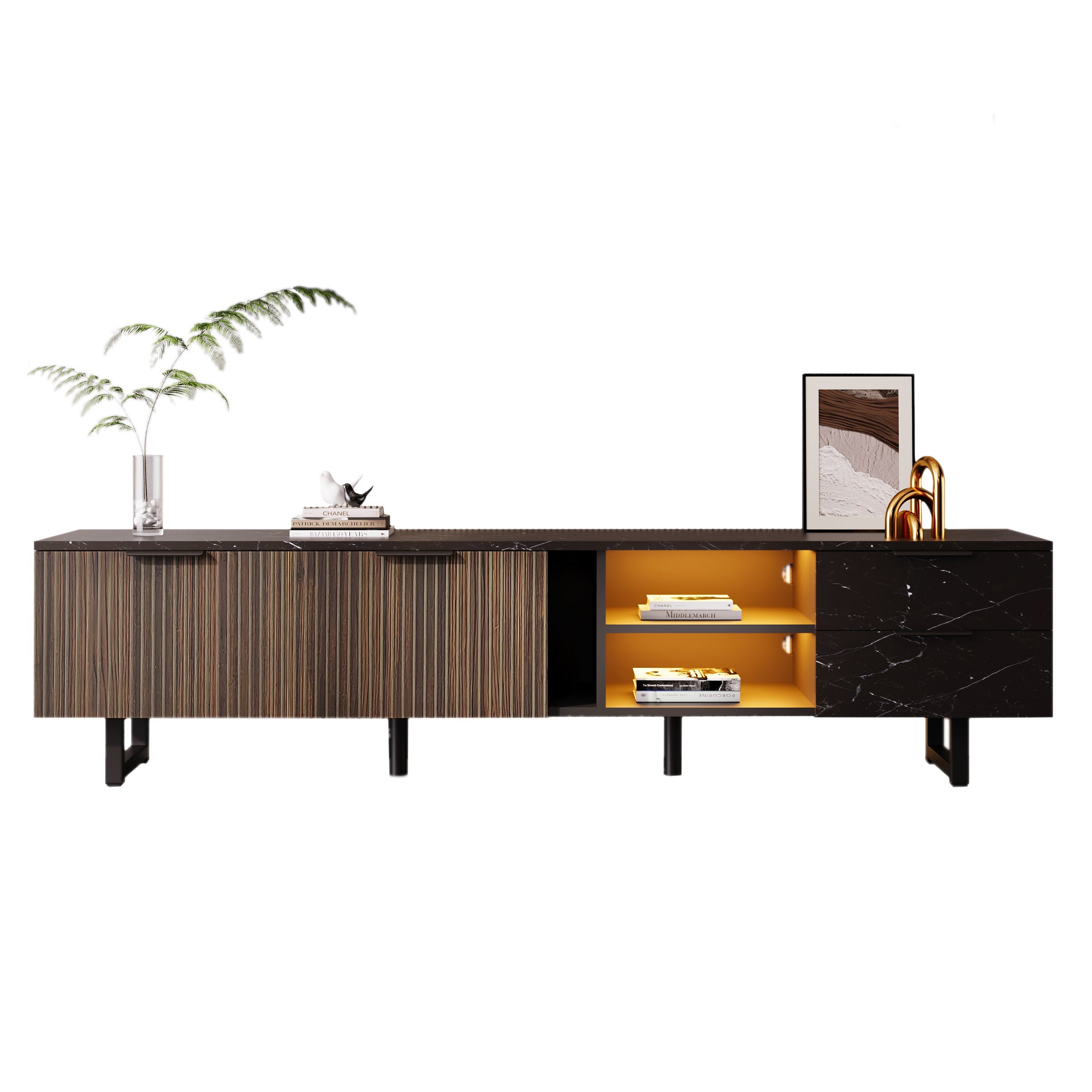 Mobile TV con 2 ante, 2 cassetti e 2 nicchie - 200 x 38 x 50 cm - LED - Legno MDF - Nero + legno - 5