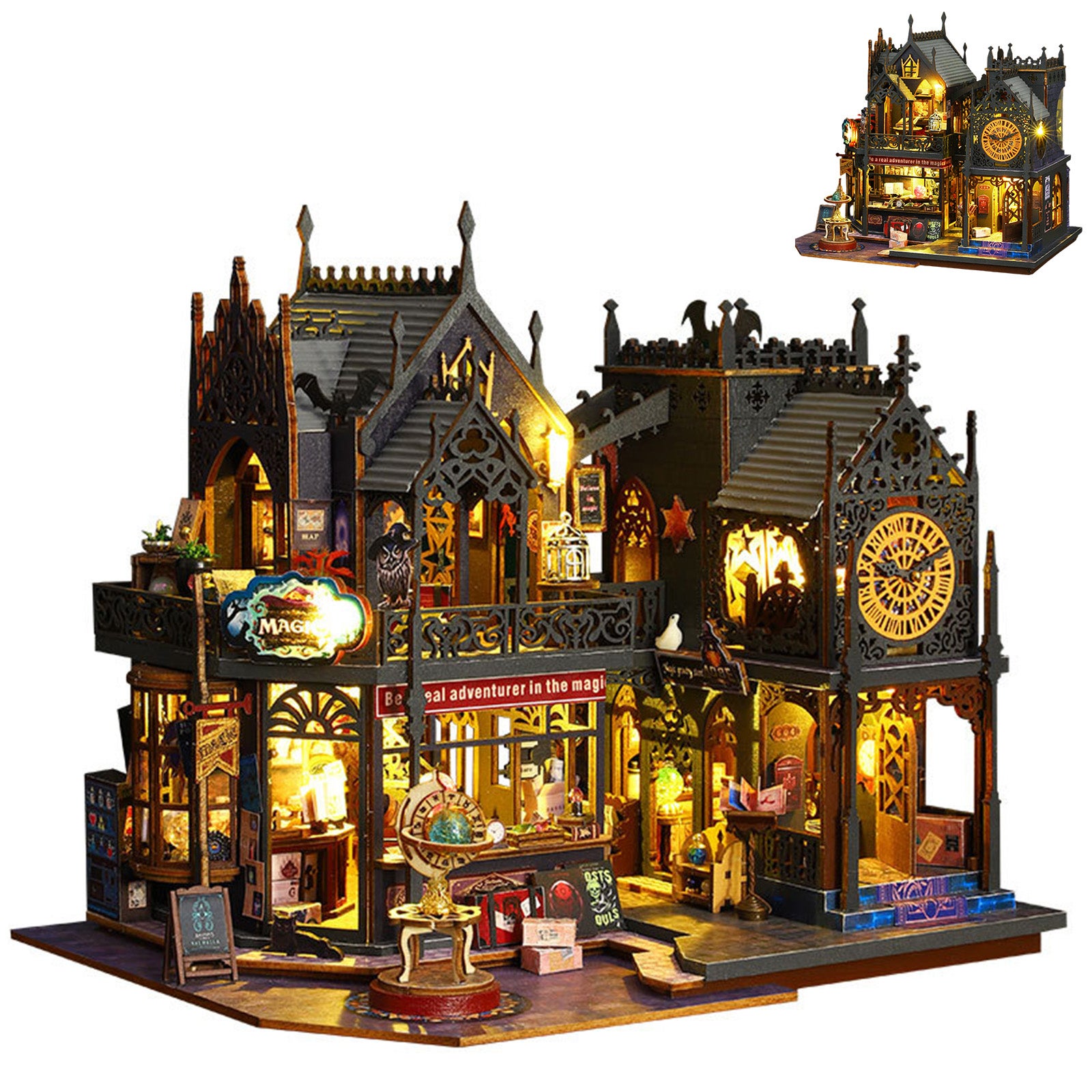 Kit DIY château miniature 3D avec LED et capot anti-poussière, en bois, melticolor, sans piles - 6