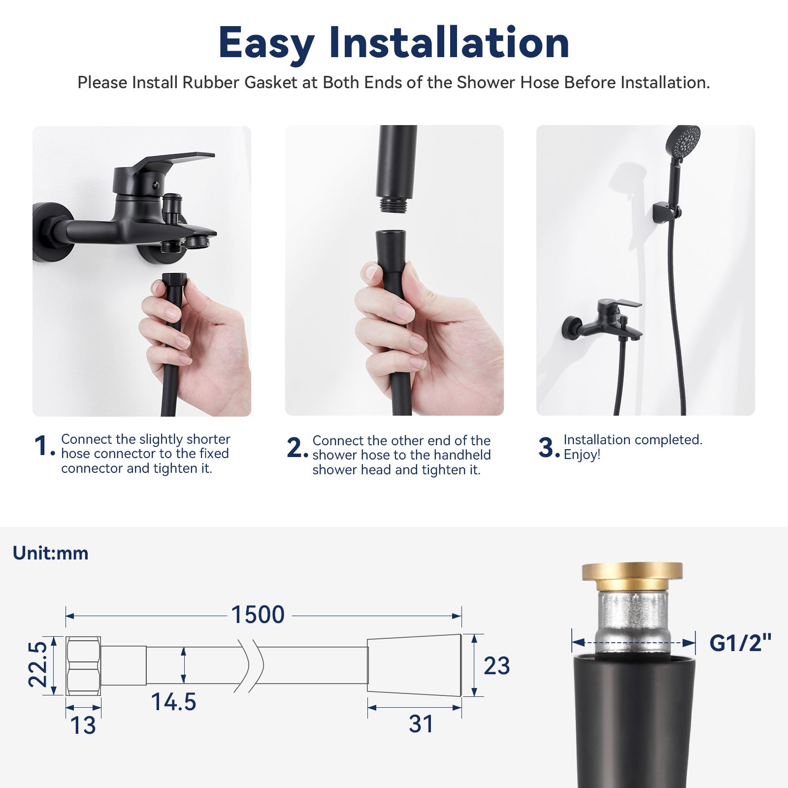 Lonheo max Flexible de Douche Universel (G1/2 pouces,1.5M),Noir， Tuyau de Douche Anti-Torsion et Anti-Pliure - 7