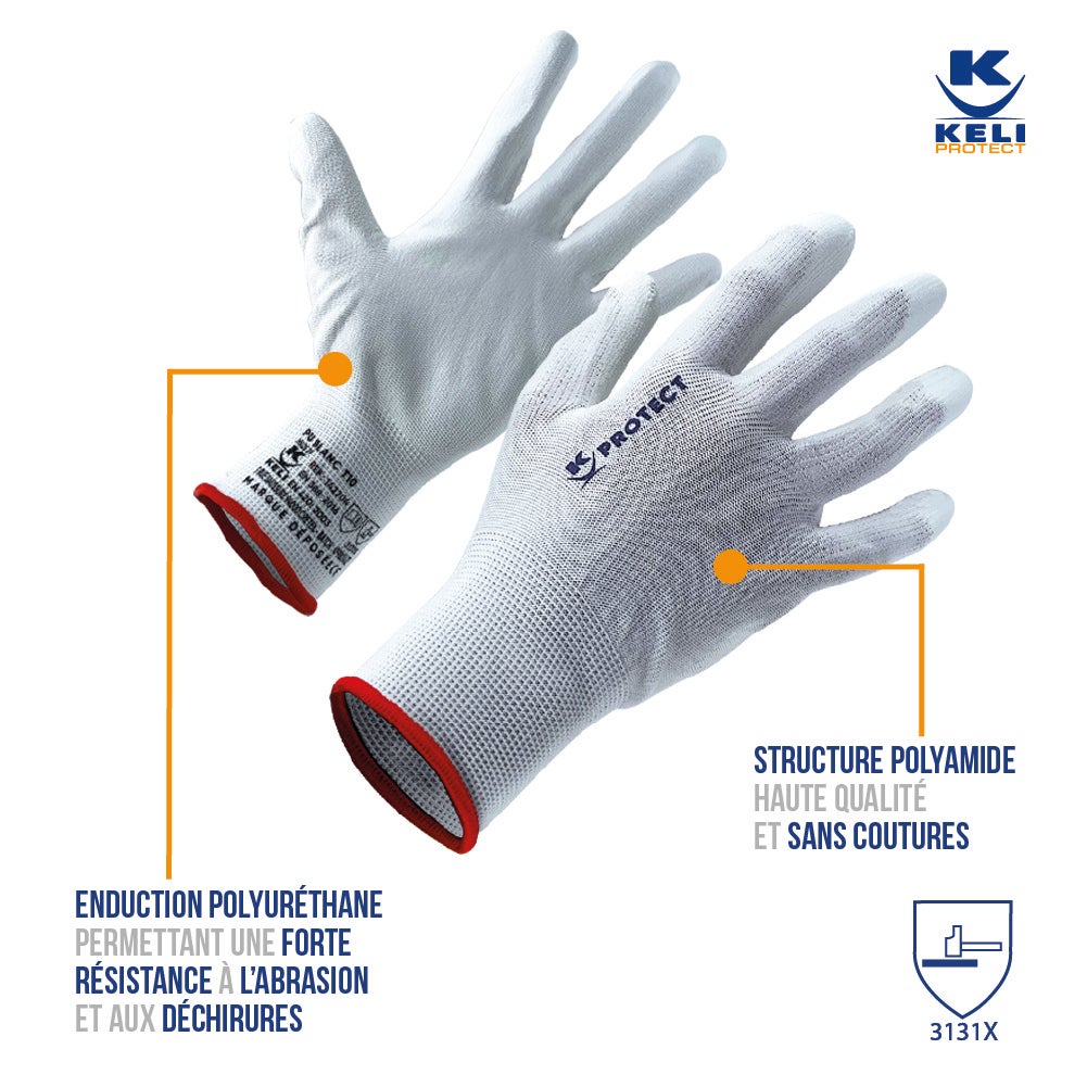 Lot de 5 Paires de Gants de Protection PU Blanc - Manutention & Tous Travaux Bâtiment - Enduction Polyuréthane - Sans Couture - Taille 11 - 2