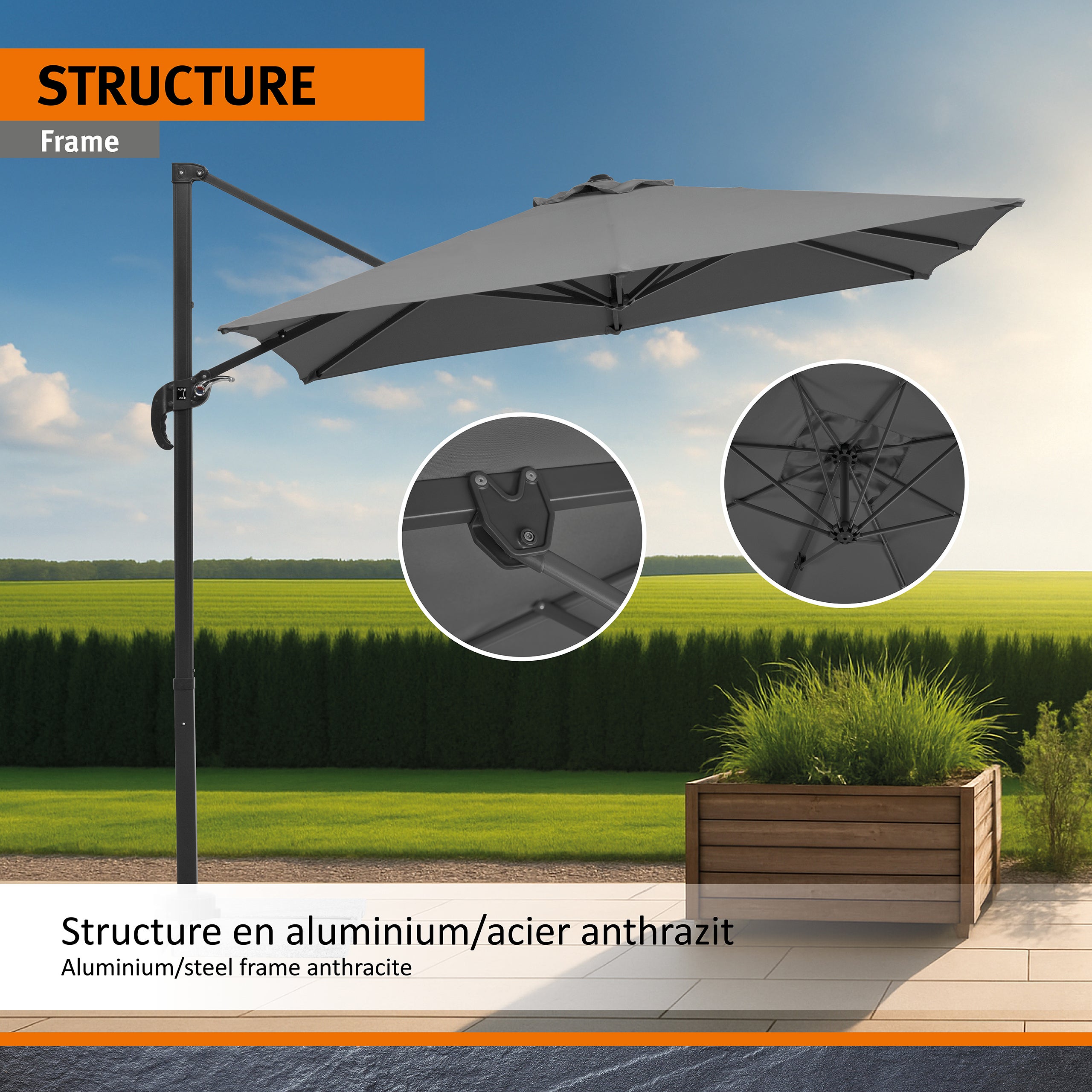 Parasol déporté Schneider Rhodos Junior anthracite, 270 x 270 cm – rotatif 360°, avec housse - 2