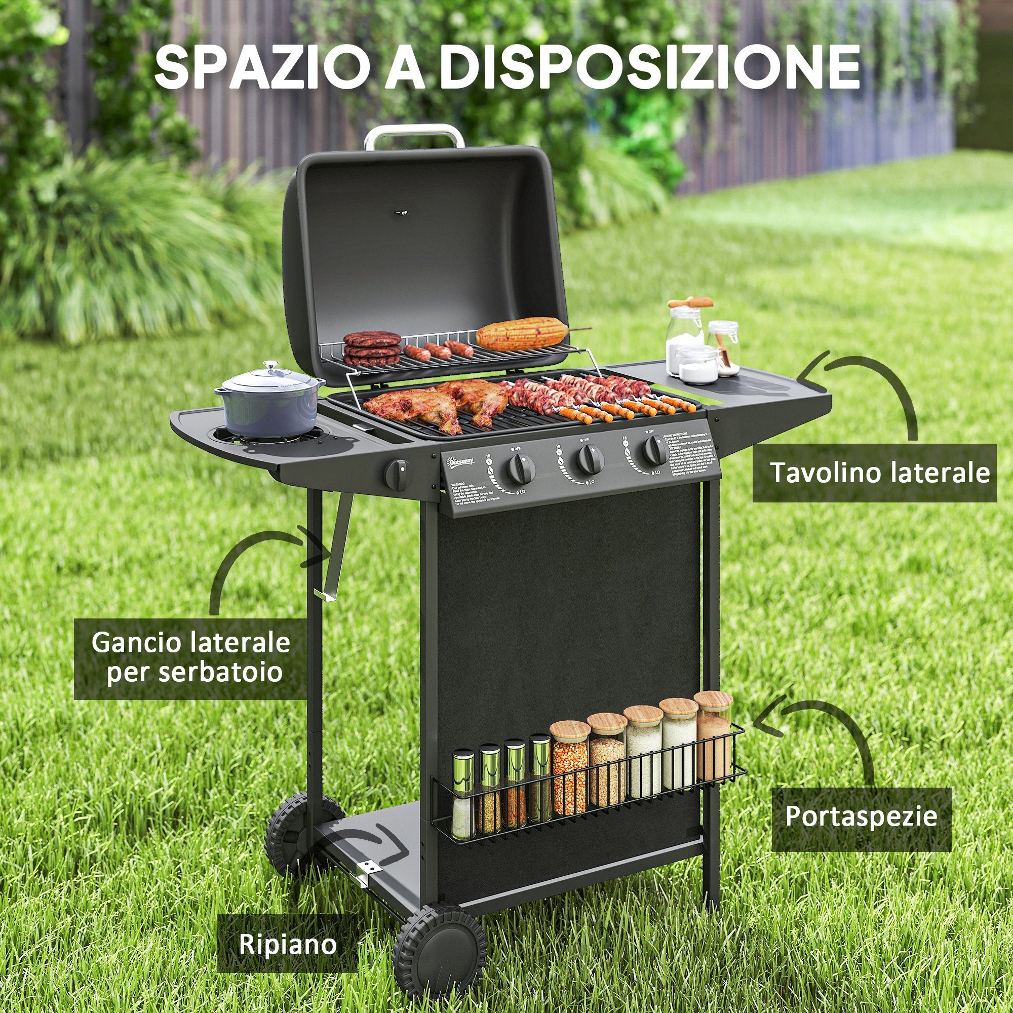 Outsunny Barbecue a Gas con 4 Bruciatori Indipendenti e Coperchio con Termometro, 108x54x97 cm, Nero - 6