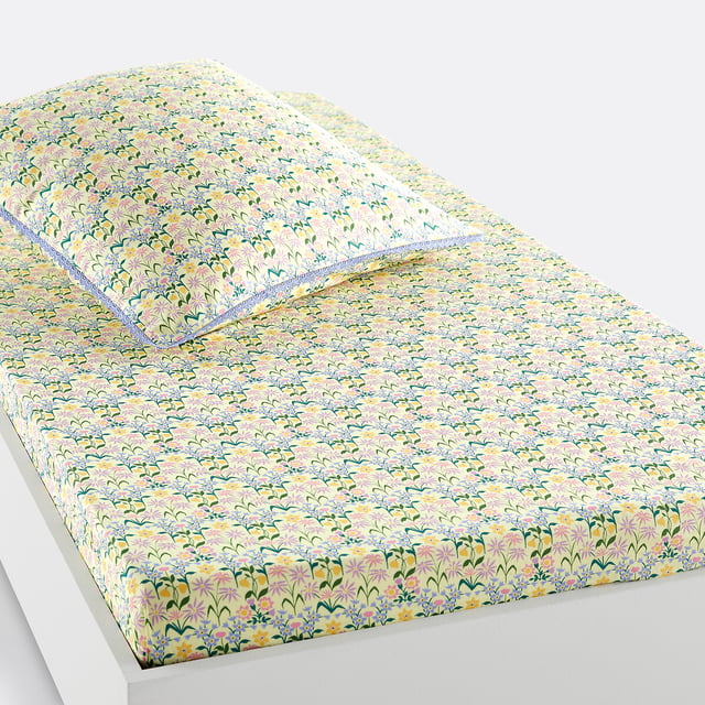 Drap housse 50% coton recyclé, Michi - Imprimé fleuri - 90 x 140 cm