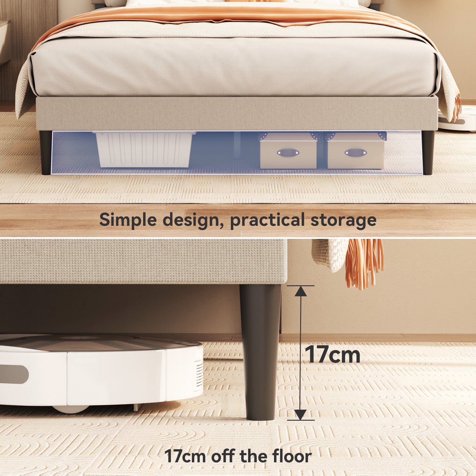 Estructura de cama 140x190 cm,480 kg, espacio 22 cm, Cama doble, para dormitorio, ahorro de espacio, silencioso y estable, tapizada - 4