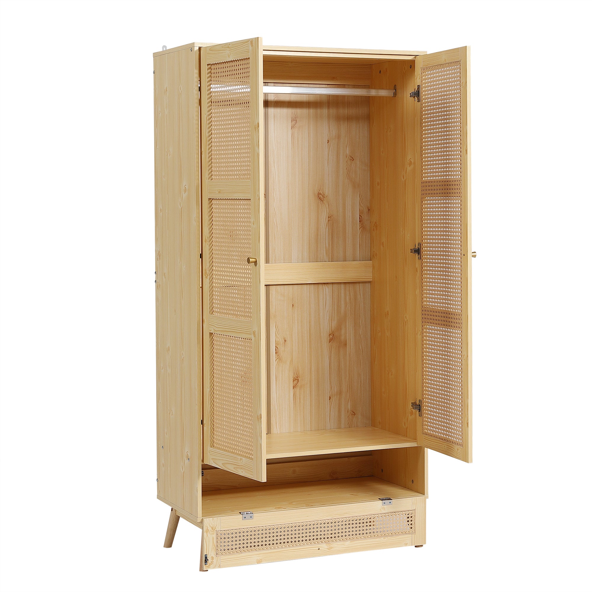 Armoire avec tringle - 2 portes grillagées en rotin et 1 compartiment abattant - Naturel - 7