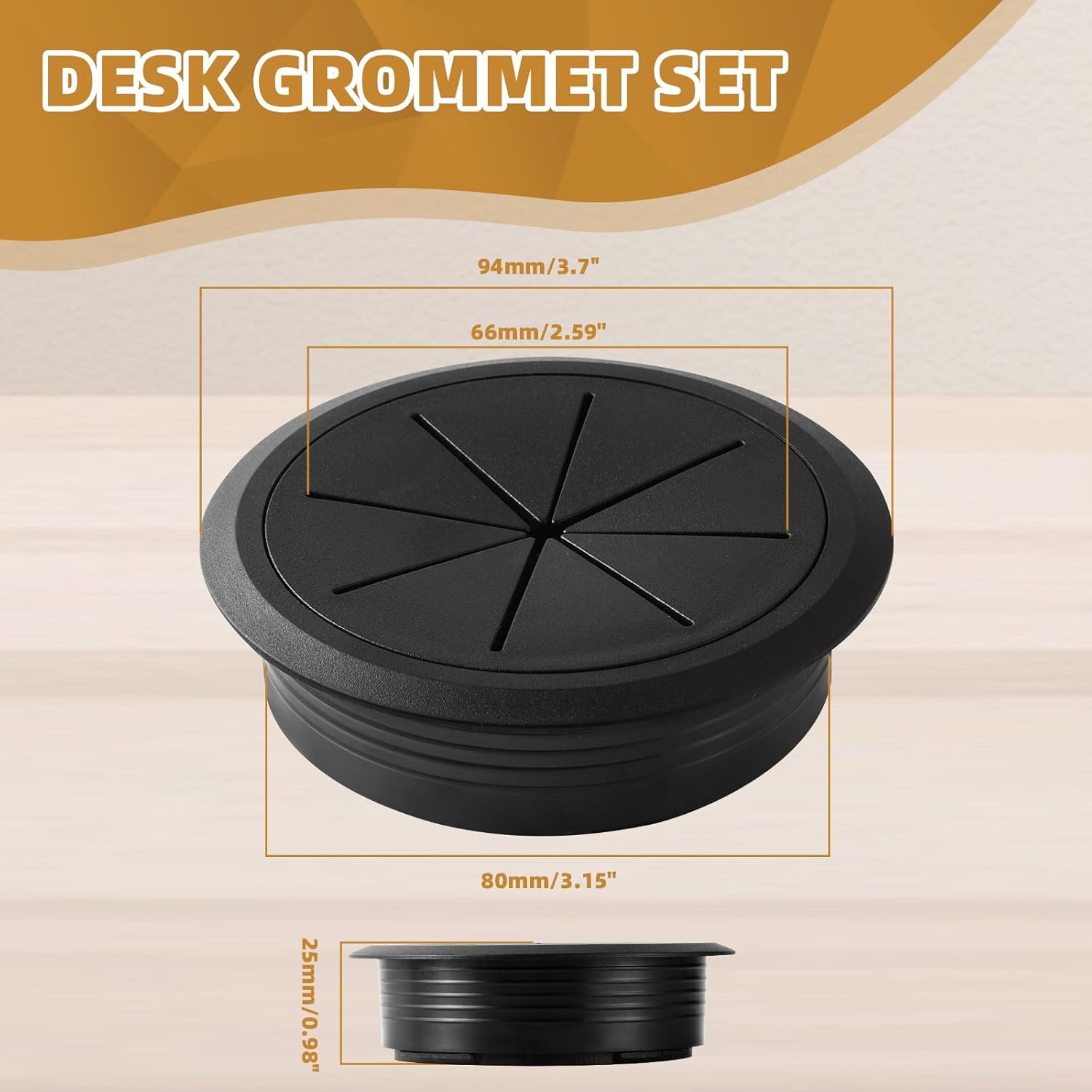 Lot de 3 oeillets passe-câble 80 mm noir en plastique ABS, cache-trou de table pour fils et câbles - 2