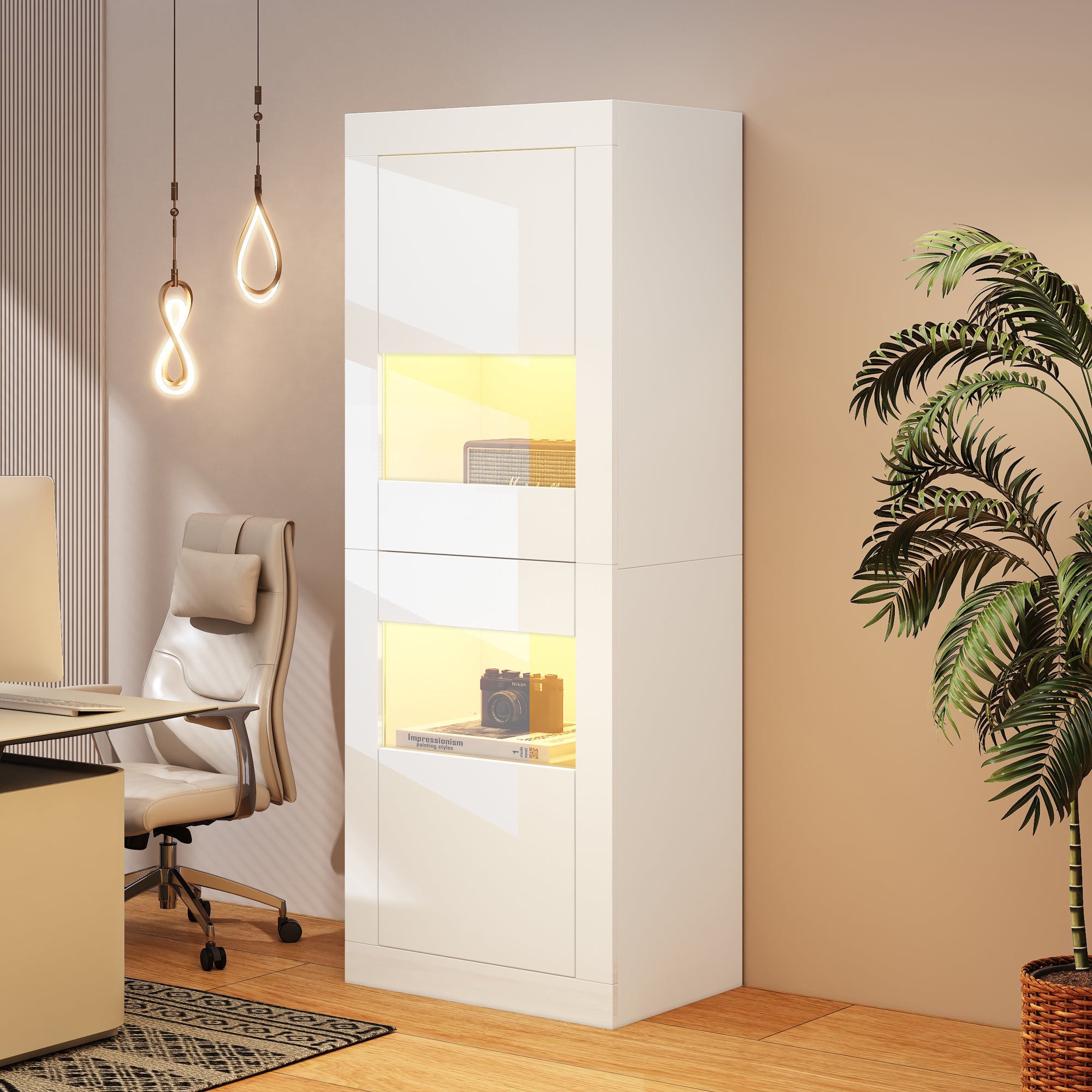 Beaok  Vitrina Con Iluminación Led Multicolor Y Puertas Cerradas,3 Estantes De Cristal Regulables,Alimentación Usb,Tablero De Partículas, Blanco , Leroy Merlin