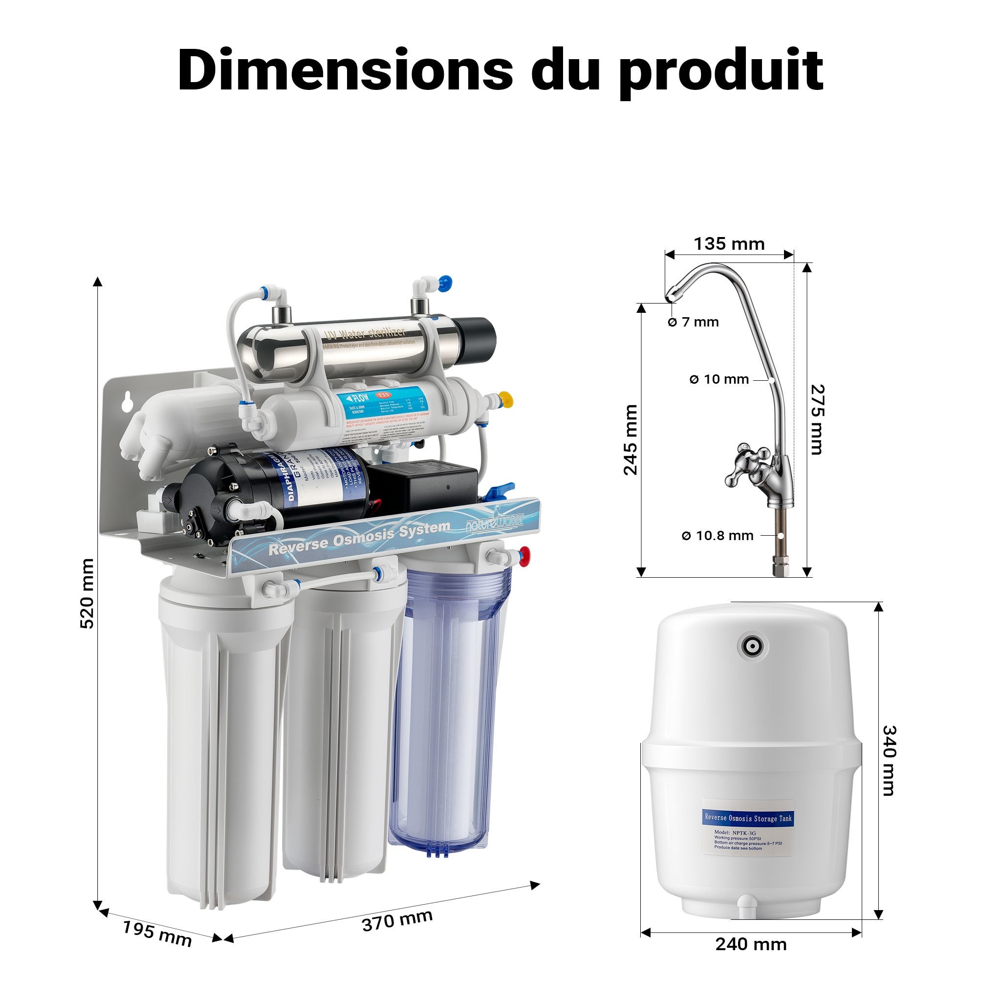 Système osmose inverse 6 étapes (RO) – 510 x 380 x 185 mm – 180 l/jour – avec lumière UV et pompe de surpression – Filtre charbon… Naturewater - 3