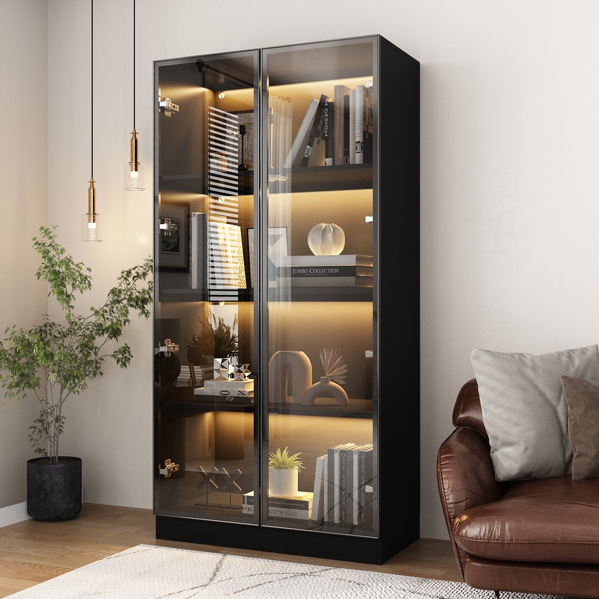 Vitrine avec LED et Portes en Verre Meuble de Rangement en Verre Debout avec 4 étagères Design Pop-up 80x40x160cm Noir - 6