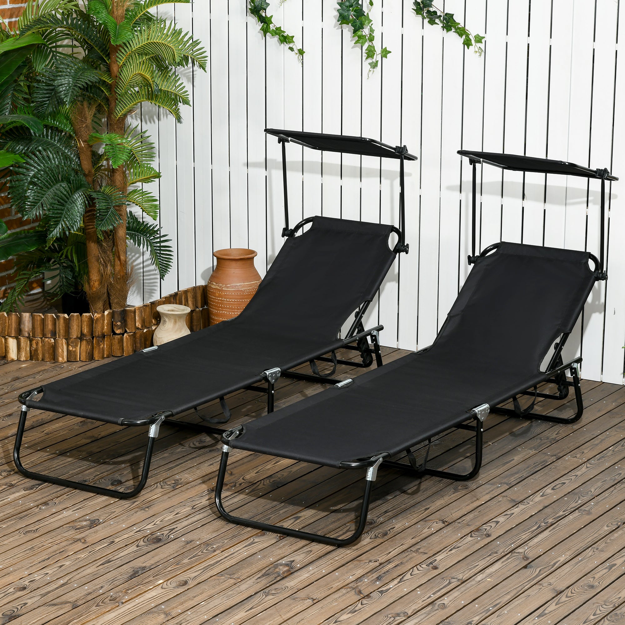 Ensemble de 2 chaises longues pliantes, chaises longues de jardin avec pare-soleil, dossier réglable en hauteur sur 5 positions, noires - 3