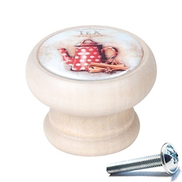 6 Un. bouton poignées de meuble Vintage Retro bois blanc décapé théière - diamètre 40MM - 2