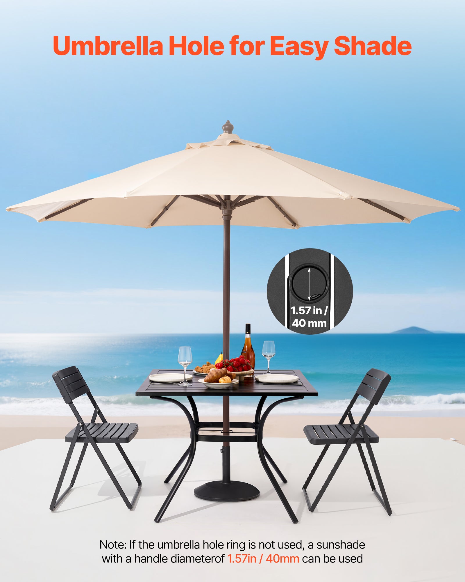 Table manger VEVOR patio extérieur 940 mm, en métal pour 4 personnes, avec trou pour parasol 38 mm, meuble toutes saisons pour jardin, véranda, noir - 5