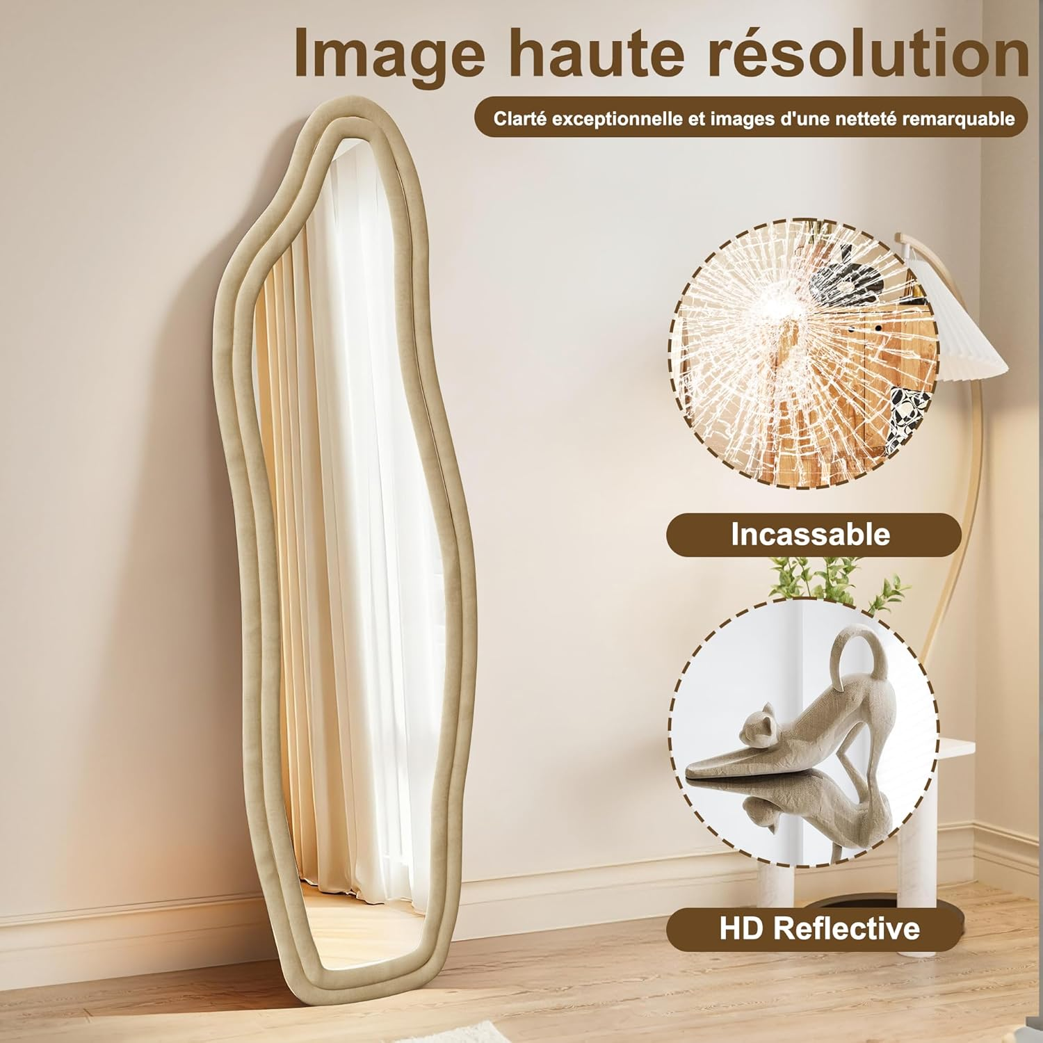 Grand Miroir jaune160x50 cm, Miroir sur Pied au Mural ou à Suspendre, Miroirs Organique avec Support en U, Miroir pour Dressing - 3