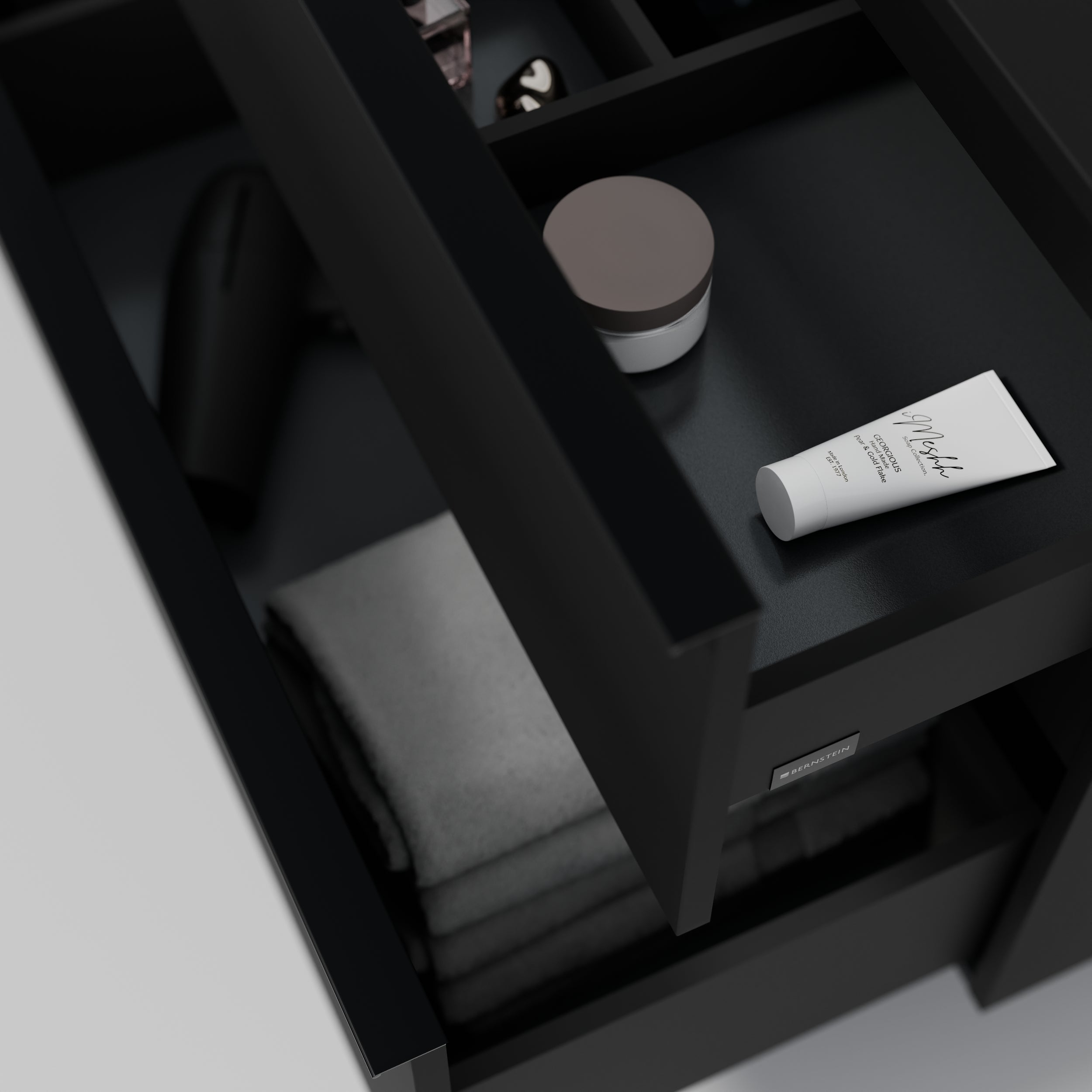 BERNSTEIN - Meuble sous vasque suspendu MDF Noir mat, plan vasque Blanc mat, poignée Anthracite mat - 140x46x62cm - LAVOA - 5